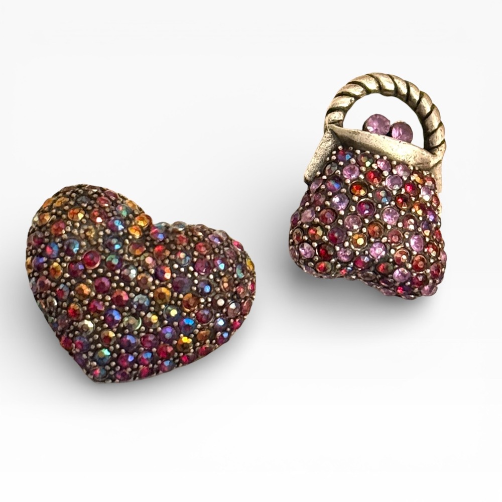 Crystal Brooch Lot  Laila Rowe Purse Pin & Pavé‎ Heart Brooch